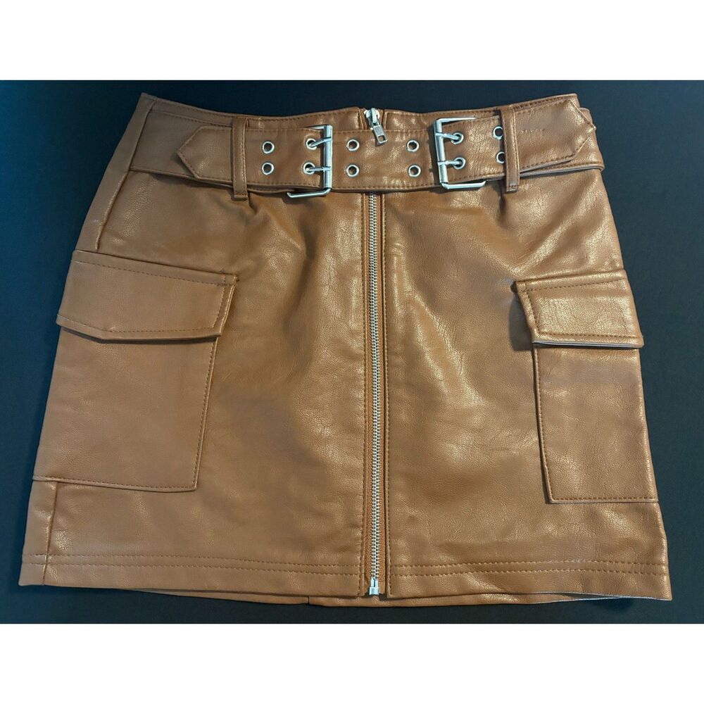 Blāshe Brown Faux Leather Belted Cargo Mini Skirt